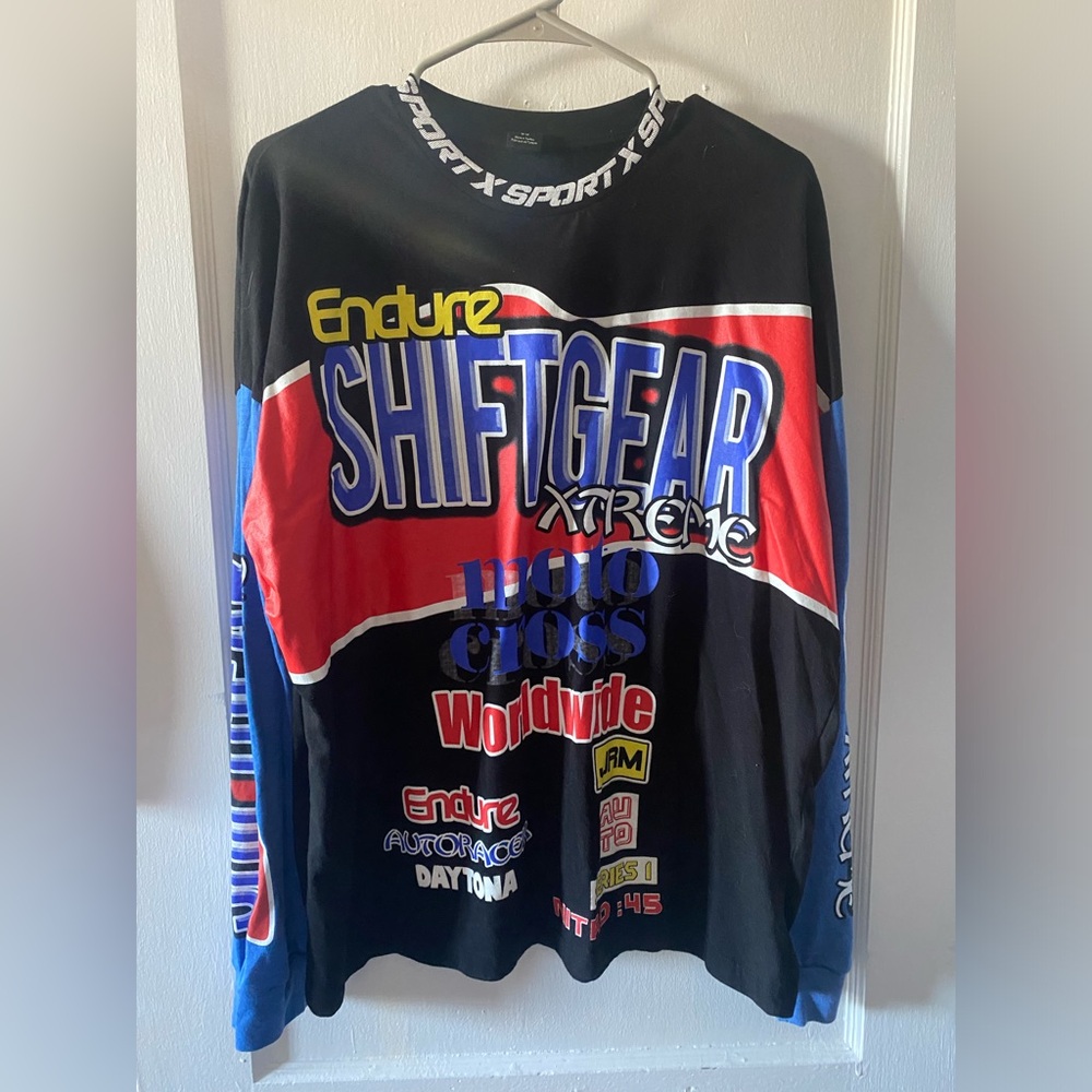 Urban Outfitters Black and White Graphic Racing Long Sleeve Tee